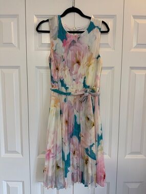 Floral Pleated Midi Dress in Teal, Pink & Cream by Calvin Klein